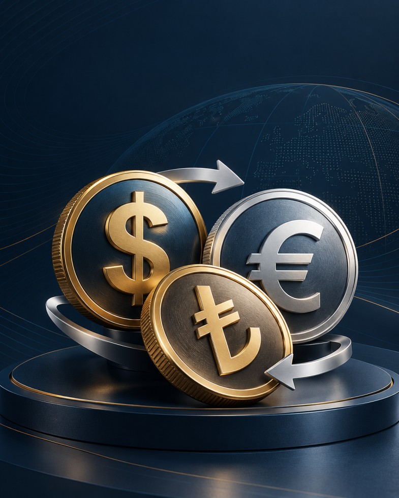 Dolar, euro ve Türk lirası sembollü altın ve gümüş jetonlar